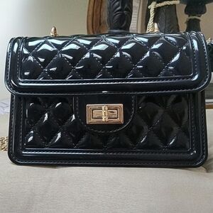 Glamorous Black Quilted Patent Crossbody Bag with Gold Chain Hardware